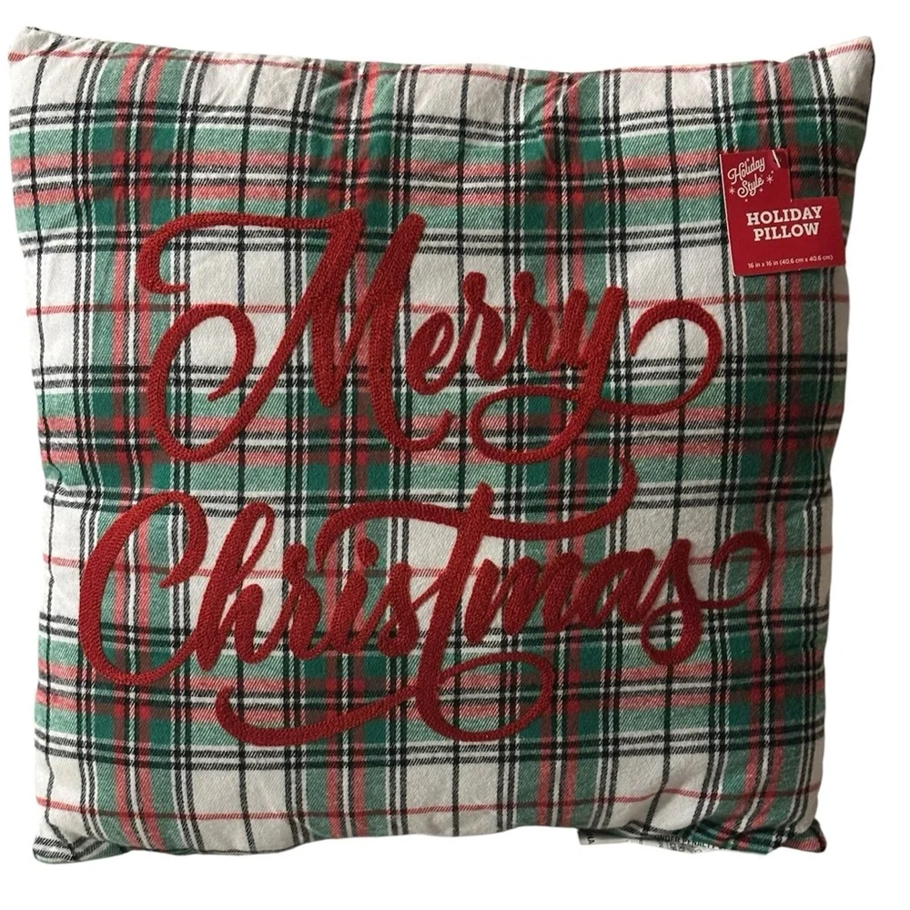 Holiday Pillow with Red & Green Plaid Design Merry Christmas 16 inch X 16 inch